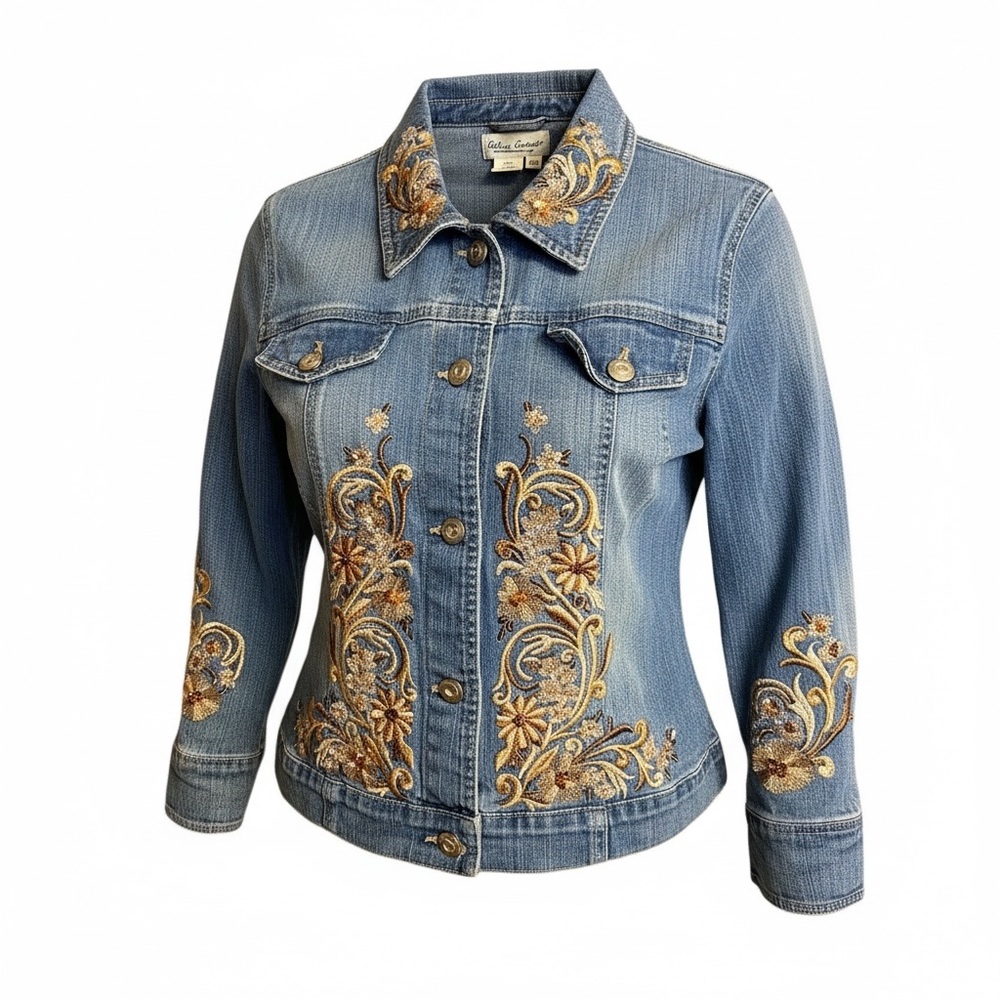 Coldwater Creek Embroidered Distressed Denim Jacket Size Petite Medium